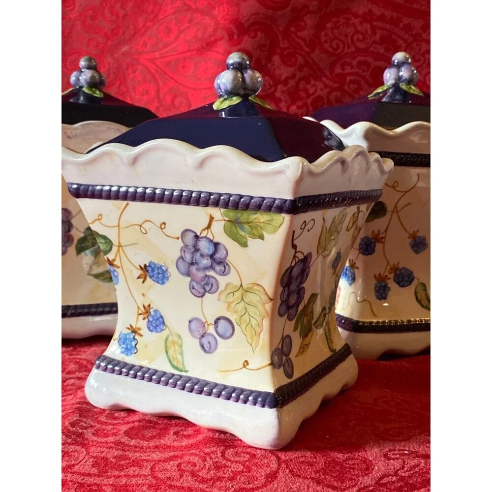 Vintage Set of 3 Capriware Canisters Hand Painted Grapes Berries Covered Jars